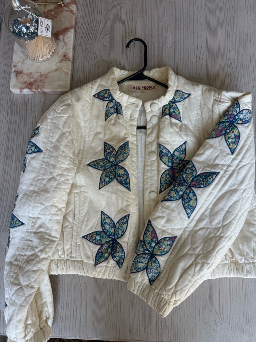 Free People Cream Quilted Jacket with Blue Floral Accents